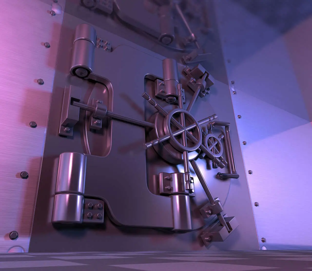 A secure steel bank vault door with a combination lock and heavy bolts is depicted in a room with a purplish light.