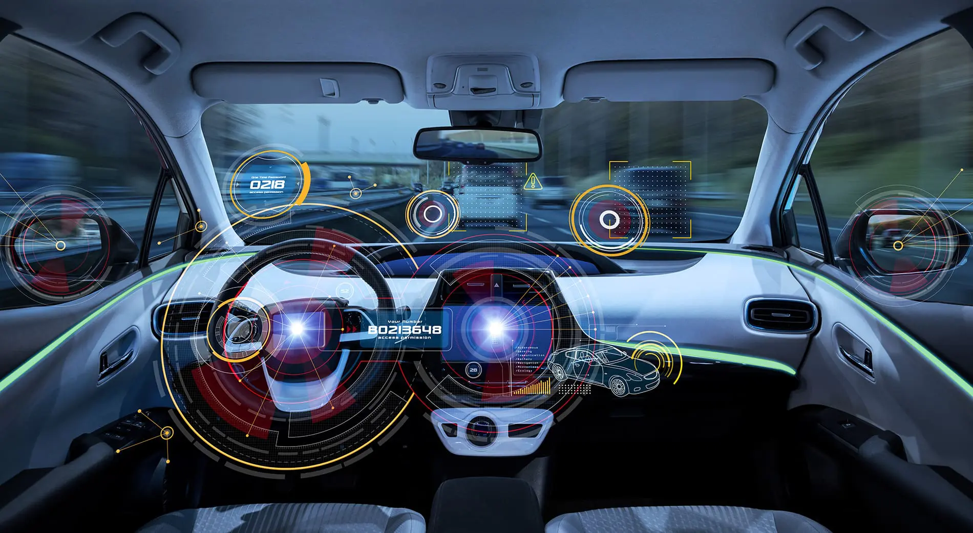 The interior of a futuristic car with augmented reality displays on the windshield and dashboard.