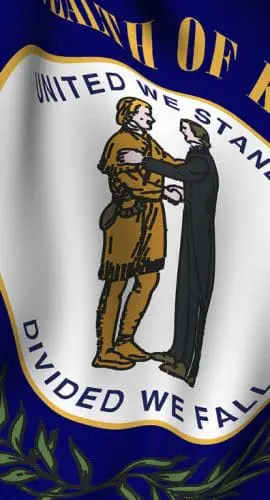 A close-up of the flag of Kentucky featuring a seal with two figures shaking hands surrounded by the state's motto and a wreath of goldenrod.