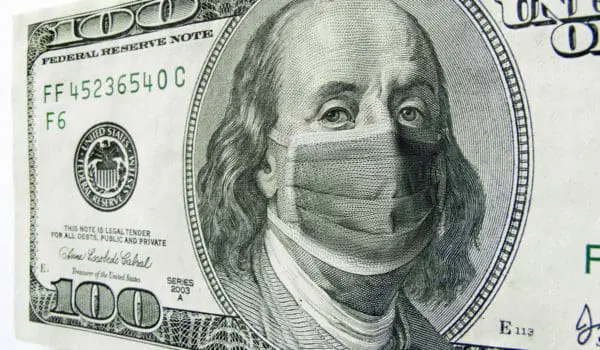 A portrait of Benjamin Franklin on a one hundred dollar bill is depicted wearing a face mask.