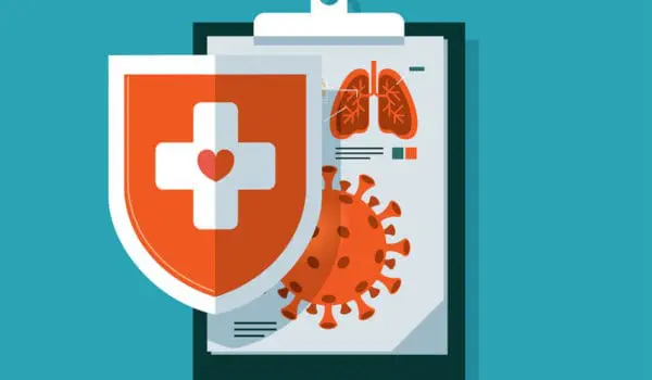 A clipboard featuring medical diagrams of lungs and a virus with a red shield overlaid, displaying a white cross and heart symbol.