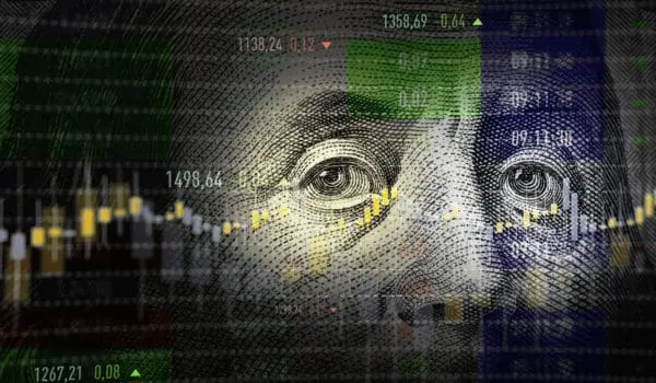 A financial market graph is overlaid on a close-up of Benjamin Franklin's face from the U.S. $100 bill.