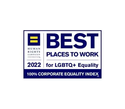 A sign signifies that an organization was recognized by the Human Rights Campaign Foundation in 2022 as one of the best places to work for LGBTQ+ equality, achieving a 100% Corporate Equality Index.