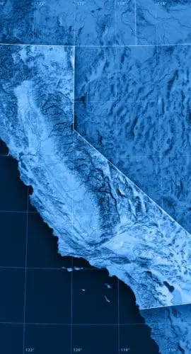 3D rendering and image composing: Topographic Map of California. Including state borders, rivers and accurate longitude/latitude lines. High resolution available! High quality relief structure!