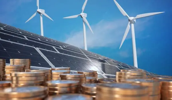 Economics of alternative energy. Money in front of solar panels and wind turbunes. 3D rendered illustration.