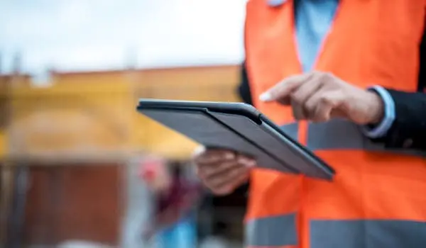 Two architects are using digital tablet on construction site.