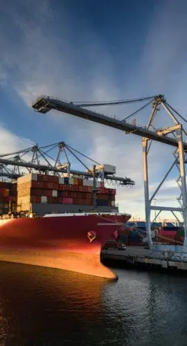 Aerial shot of a massive cargo ship loaded with containers docked in the Port of Long Beach, with the booms of ship-to-shore gantry cranes reaching out from the pier of the terminal.  

Authorization was obtained from the Port of Long Beach Security Division and POLB Harbor Patrol for this operation in restricted airspace.