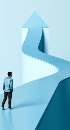 Onwards and Upwards, Path to Success, Man Walking on Arrow, Career Growth and Success, 3D render