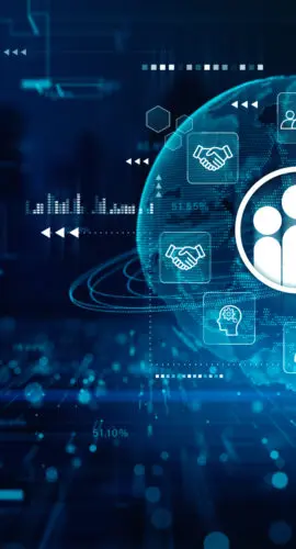 Human resources analytics and recruitment concept with global network, digital icons, and data interface for modern workforce solutions. 3d Rendering