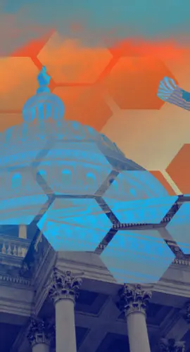 Digital politics, global networking, cyber security concept in futuristic glowing low polygonal style