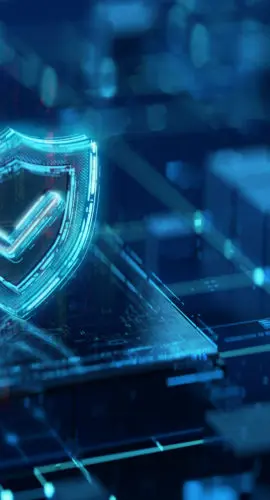 Digital shield icon on dark futuristic background. Cybersecurity & network security Concept. AI based technologies of digital safety