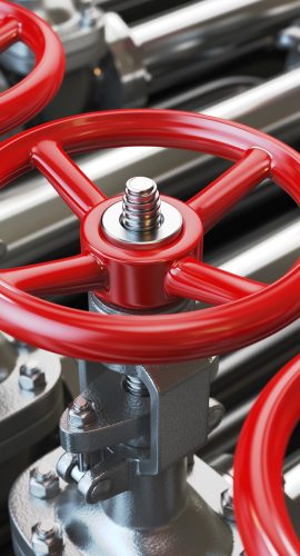 Red wheel valves are mounted on an industrial pipeline.