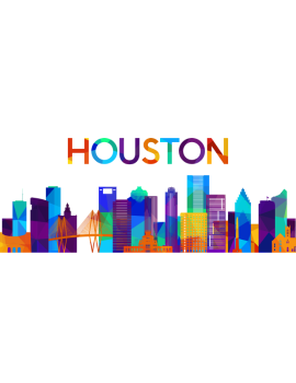 Colorful, stylized skyline of Houston with "HOUSTON" written above.
