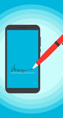 A smartphone with a stylus pen signing a digital document on its screen against a light blue background.