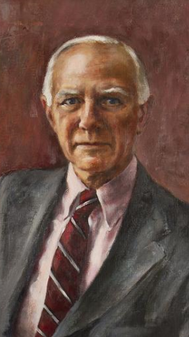 A solemn individual with grey hair wearing a suit and a red-striped tie is portrayed in a formal painted portrait against a mottled burgundy backdrop.