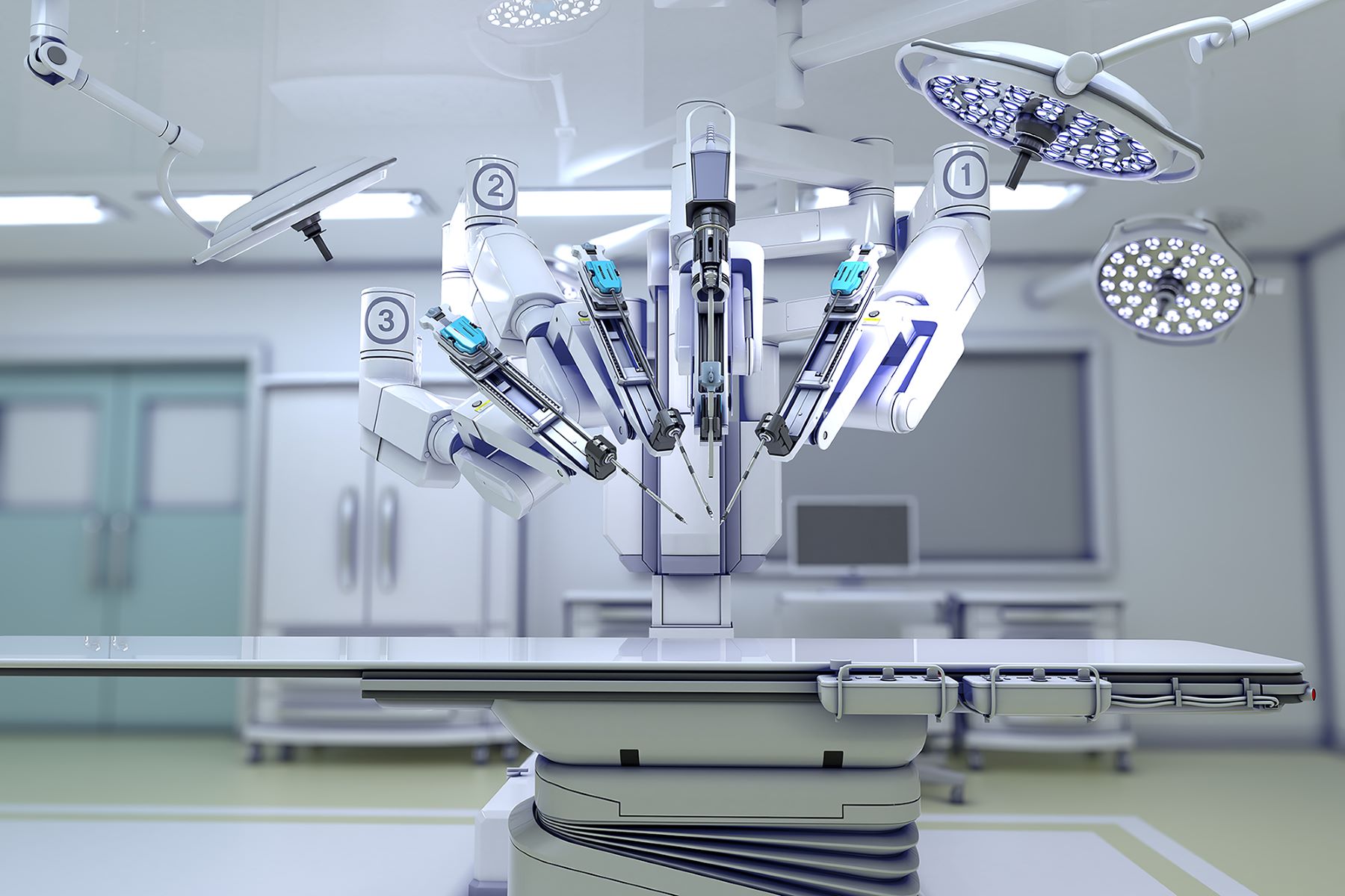 A sophisticated robotic surgical system is poised above an operating table in a well-lit, modern surgery room.