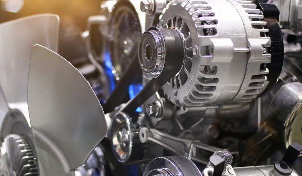 A close-up view of an engine reveals a shiny alternator, various pulleys, and a cooling fan, showcasing the complex mechanical components of a vehicle's power system.