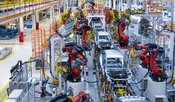 Automotive Production Line. Welding Car Body. Modern Car Assembly Plant