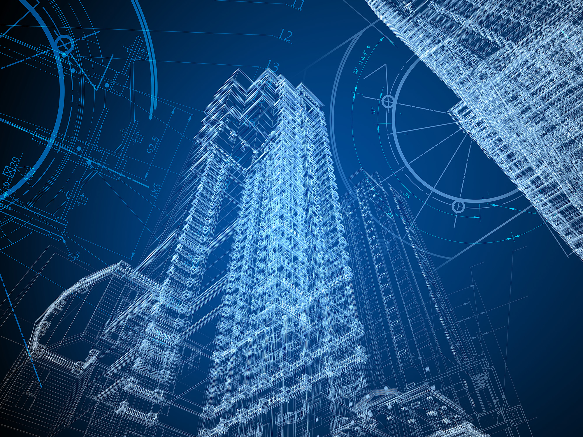 Blueprints of towering skyscrapers with intricate architectural designs illuminated against a blue background.