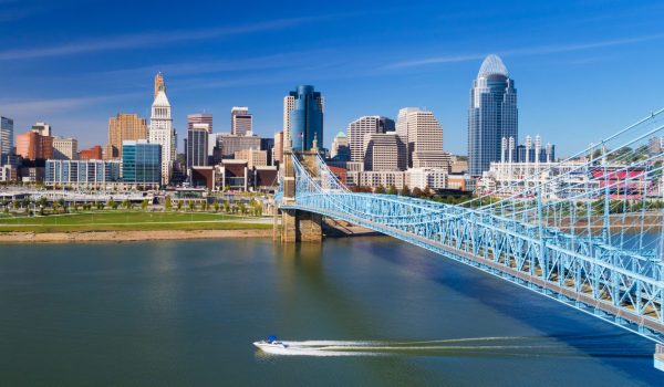 Cincinnati Skyline Aerial With Bridge, River And A Boat