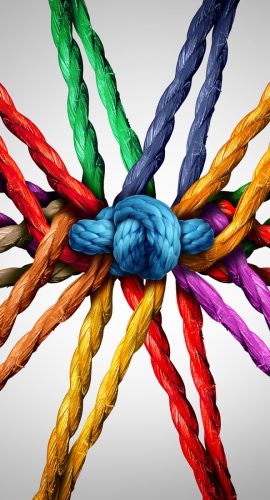 Colorful ropes are intertwined, converging at a central knot against a grey background.