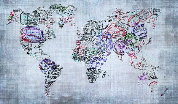 World Map Created With Passport Stamps, Travel Concept