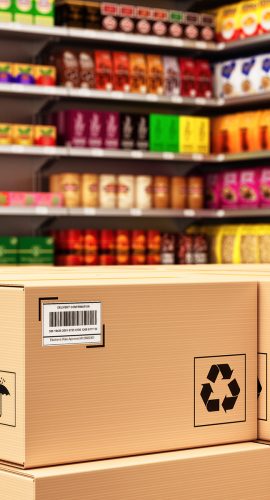 Cardboard boxes in the foreground with recycle symbols are stacked in front of colorful grocery shelves stocked with various products.