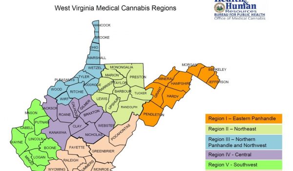 A color-coded map depicts the proposed medical cannabis regions of West Virginia as of December 11, 2017, highlighting six distinct areas with an associated legend by the Health & Human Resources department.