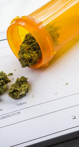 A prescription bottle is tipped over with dried cannabis buds on a white surface next to a medical prescription form.