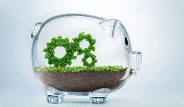 A clear piggy bank contains soil and lush green plants shaped like gear cogs, symbolizing financial growth or eco-friendly investments.