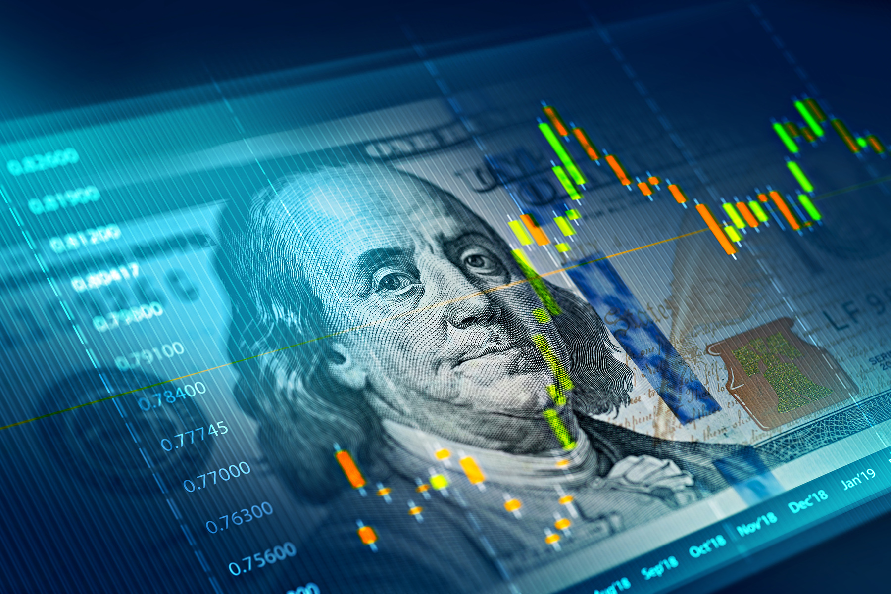 An illustration of a U.S. hundred-dollar bill superimposed with financial graphs and data.