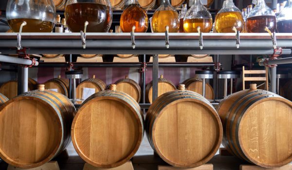 Whiskey barrels in cellar