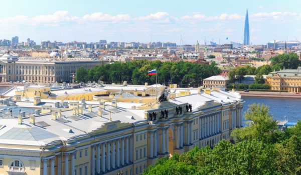 Aerial shot of the senate and synod building in st petersburg russia