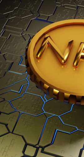 NFT non fungible token on a hard surface motherboard. Crypto currency. 3D rendering