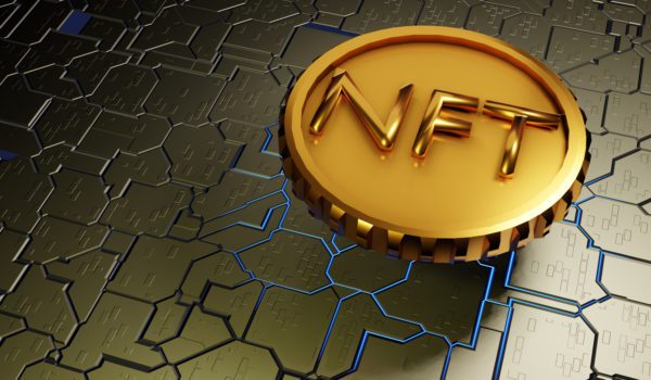 NFT non fungible token on a hard surface motherboard. Crypto currency. 3D rendering