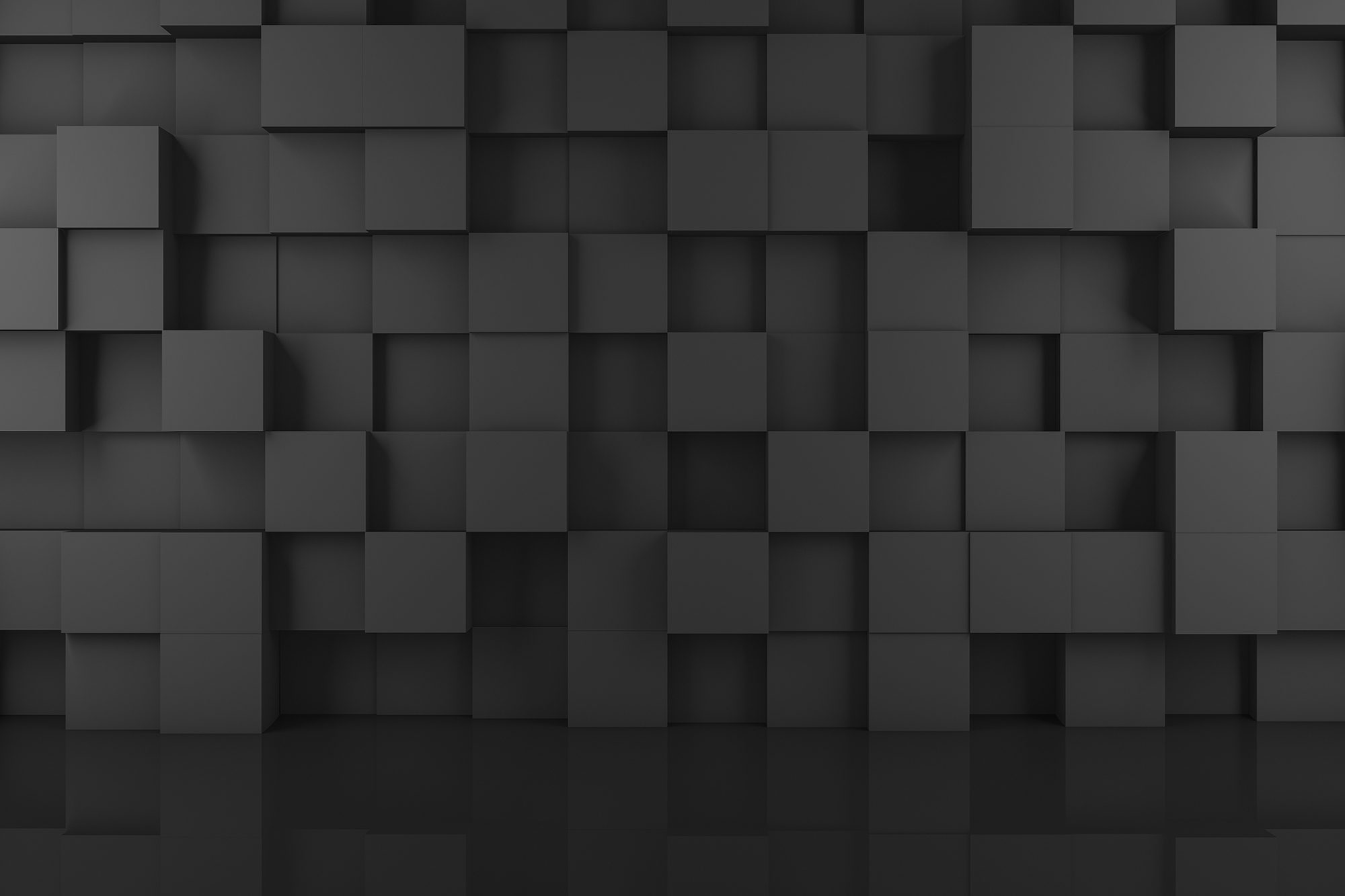 3d rendering of abstract black color cubes on wall.