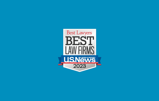 A badge on a blue background that reads "Best Lawyers, BEST LAW FIRMS, U.S. News & World Report, 2023".