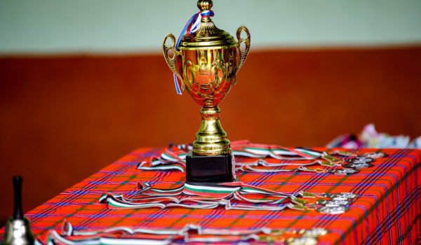 A gold trophy and medals on a table with a checkered cloth