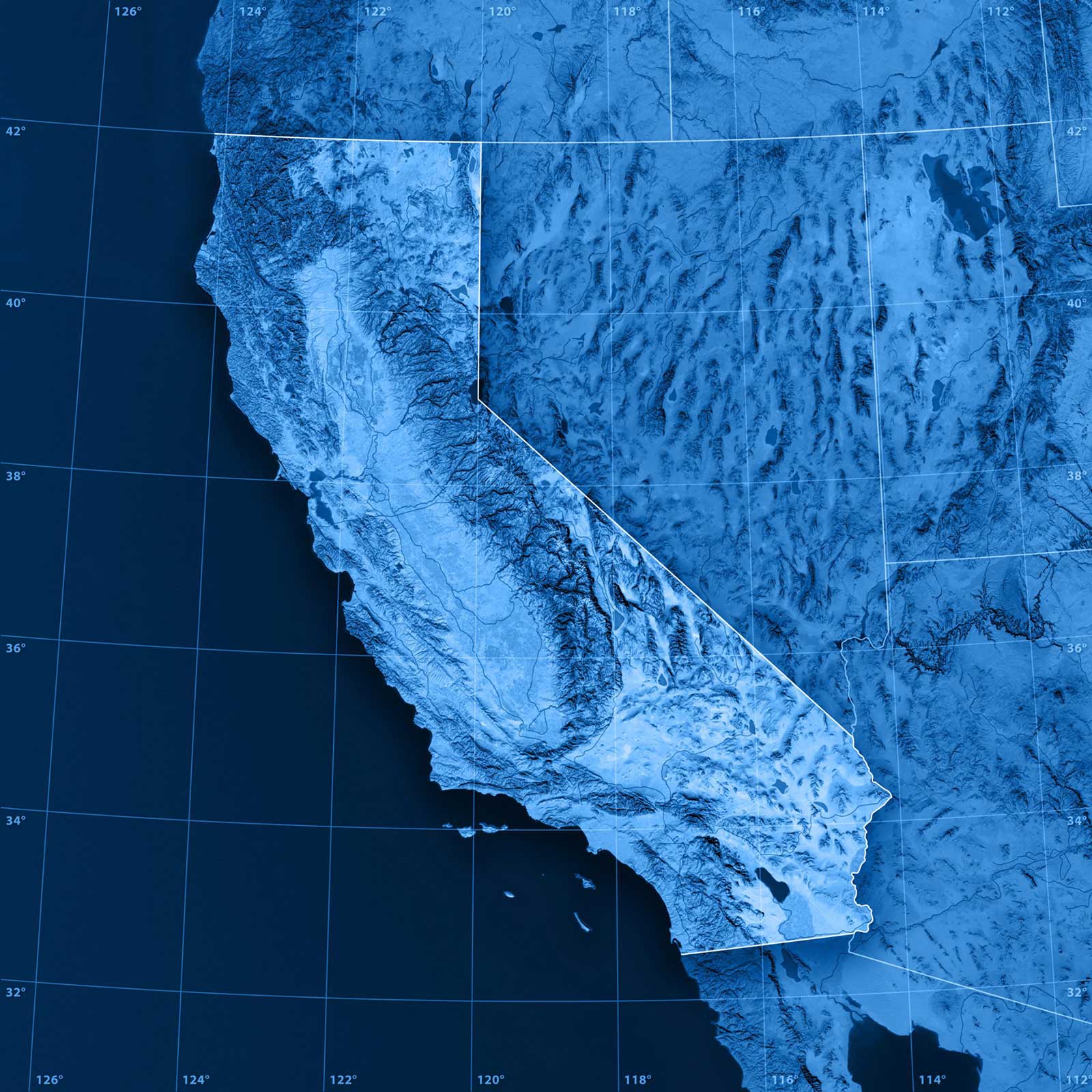 3D rendering and image composing: Topographic Map of California. Including state borders, rivers and accurate longitude/latitude lines. High resolution available! High quality relief structure!