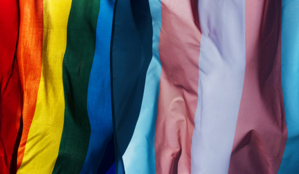 closeup of a gay pride flag and a transgender pride flag waving on the blue sky, moved by the wind