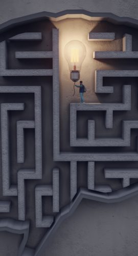 The man find and turn on the lightbulb in the maze-shaped brain on the wall, symbolizing big ideas, innovation concepts. (3d render)