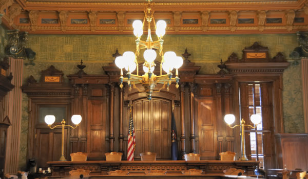 The chamber of the Supreme Court, located in the Capitol building in Lansing, Michigan.