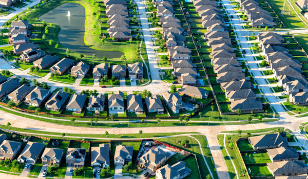 Aerial view of a large suburban housing subdivision located just south of Houston Texas shot from an altitude of about 800 feet during a helicopter photo flight.