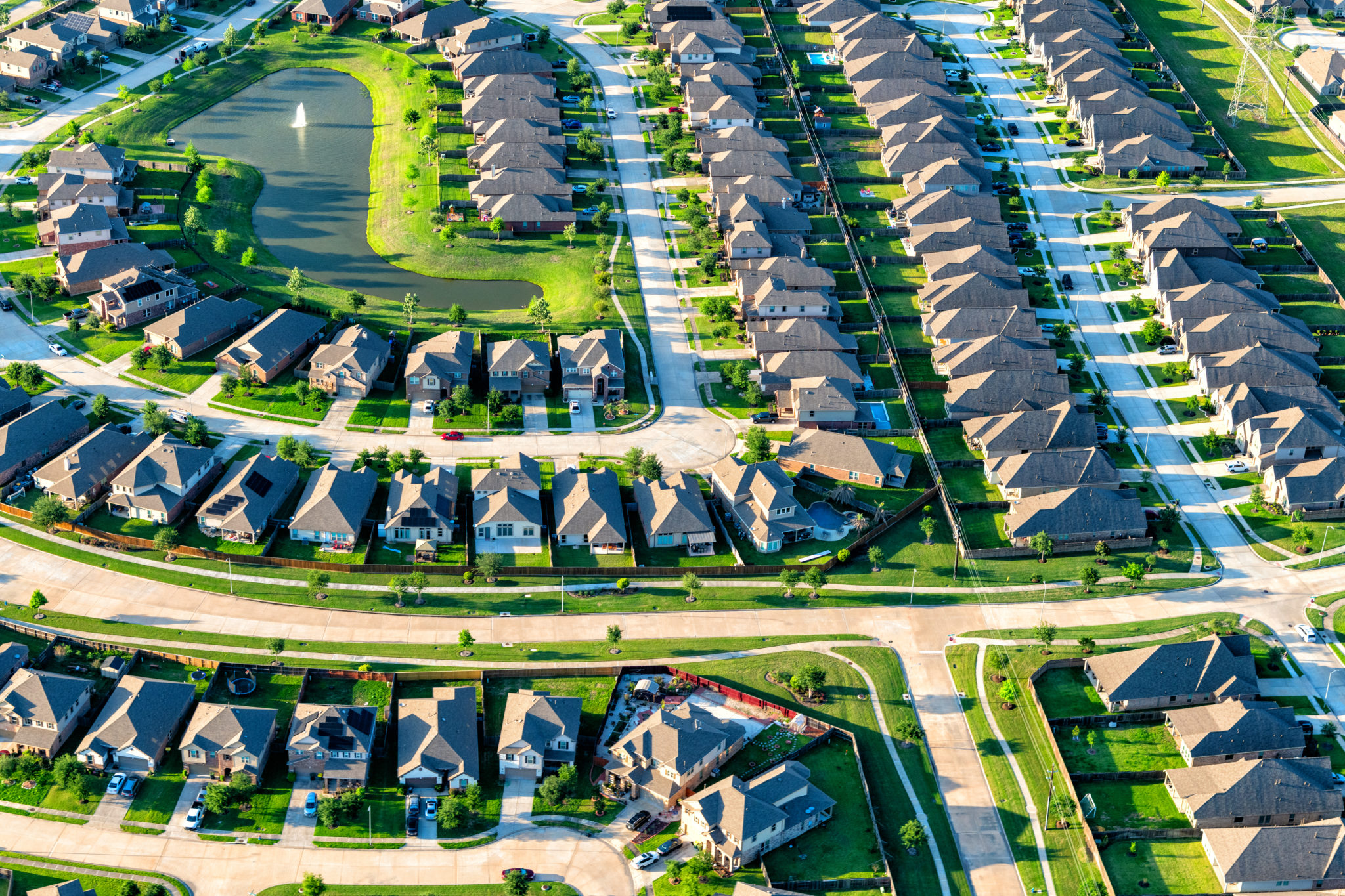 Aerial view of a large suburban housing subdivision located just south of Houston Texas shot from an altitude of about 800 feet during a helicopter photo flight.
