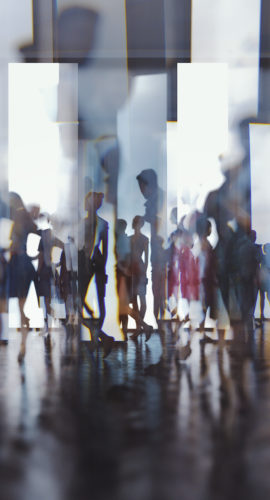 Abstract people silhouettes against glass, 3D generated image.