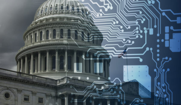 Photo of the United States Capitol with overlayed computer circuitry.  The Intersection of freedom and artificial intelligence