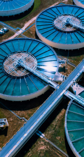 Aerial View of Drinking water treatment plant. Microbiology of drinking water production and distribution, water treatment plant. Microbiology of drinking water production. Morning scene.