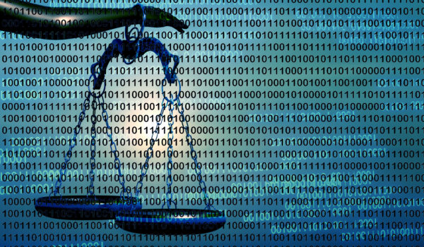 Law digital technology concept. Artificial intelligence lawyer idea with justice scales on binary code numbers background. 3D render illustration.