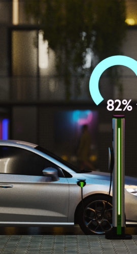 An electric vehicle at a charging station in the city at night. All items in the scene are 3D, charging station and concept cars are not based on any real ones.